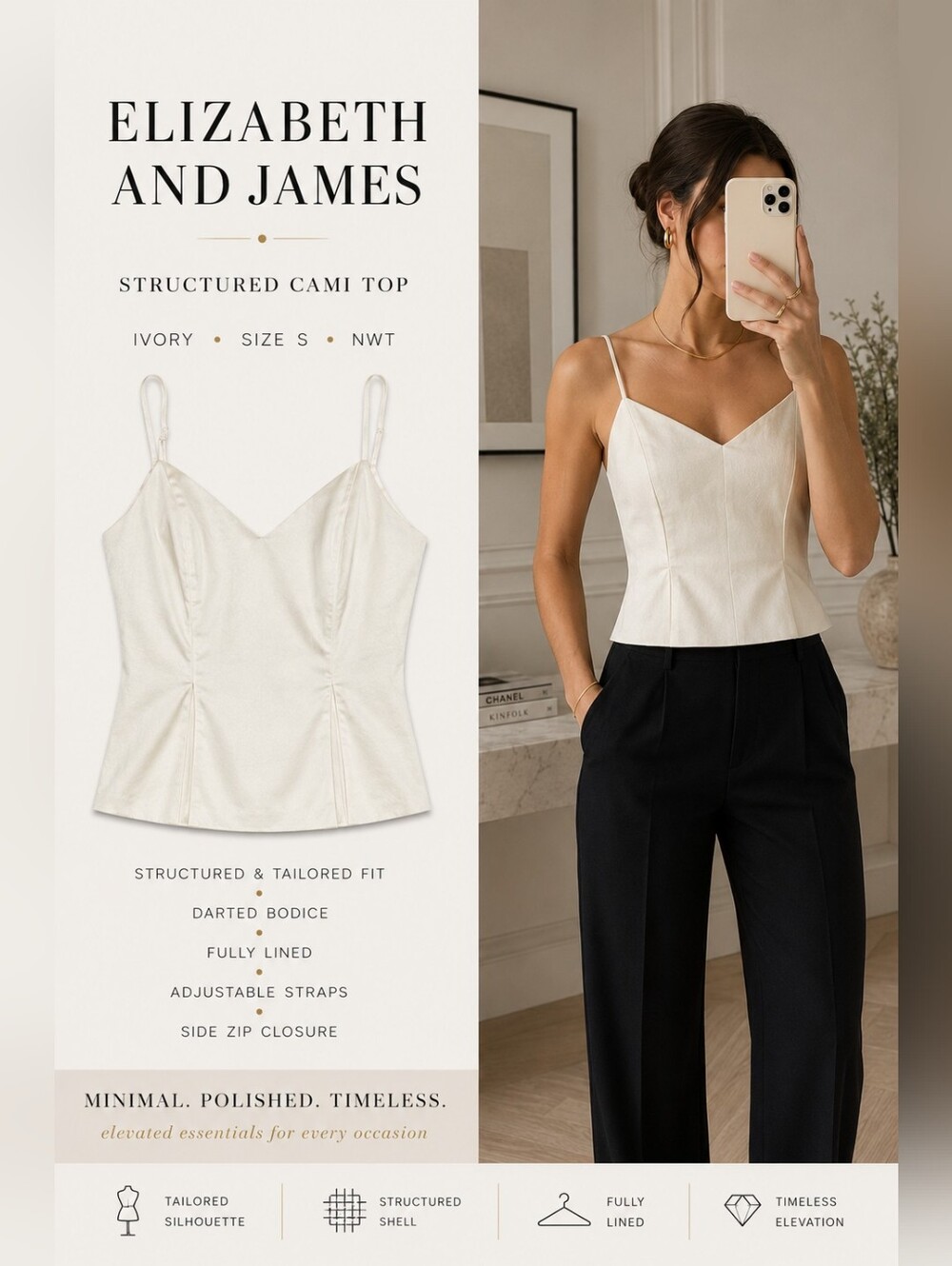 Elizabeth and James White Knight Cream Smocked Camisole Top Minimalist Size S